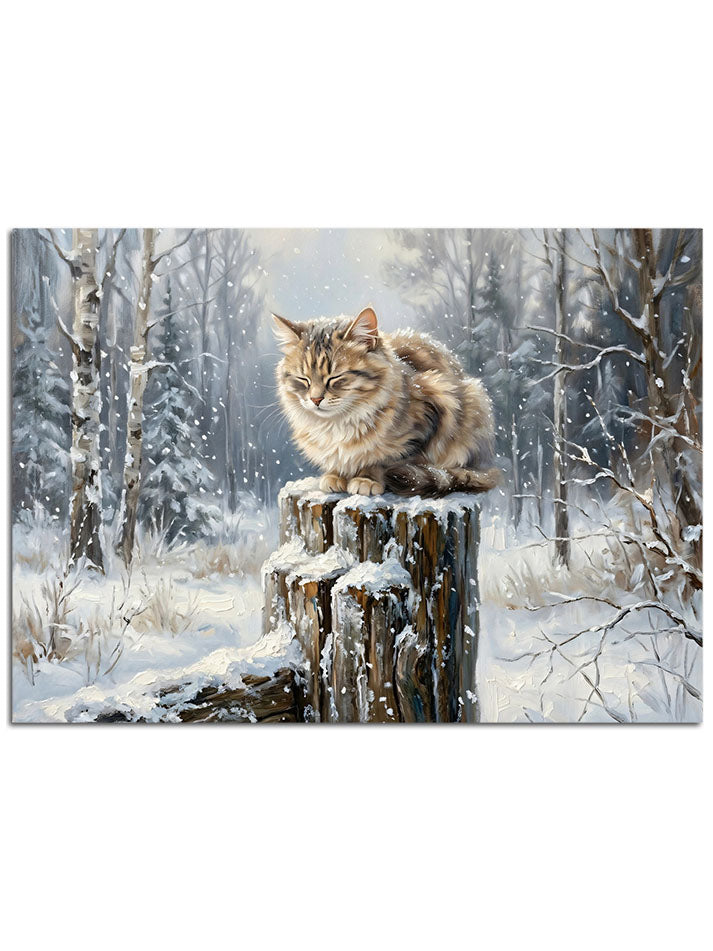 Karlı bir kütük üzerinde kedi.