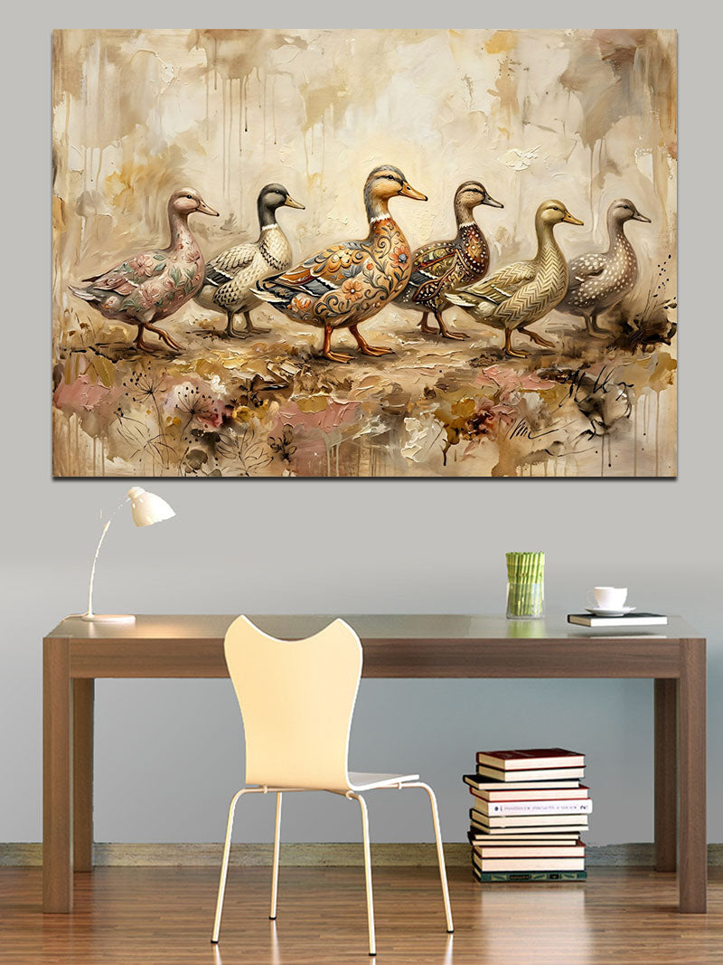 Sırada Yürüyen Sevimli Ördek Yavruları Kanvas Tablo