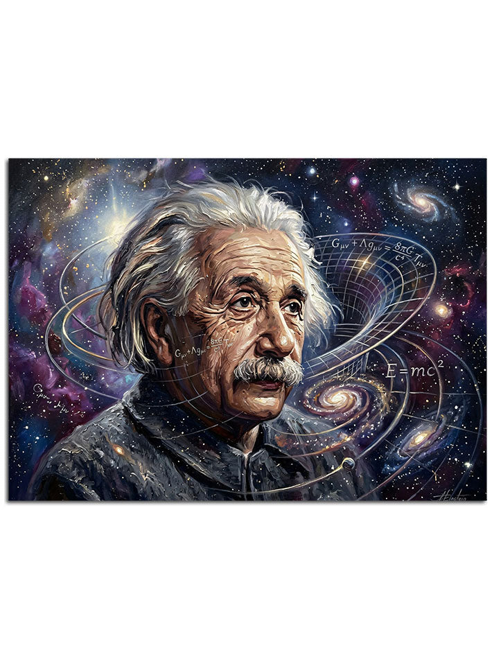 Galaksi temalı sanatsal Einstein portresi.