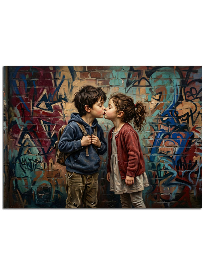 Graffiti duvarı önünde çocuk sevgisi.