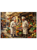 Taze sebzeler arasında şefler karesi.