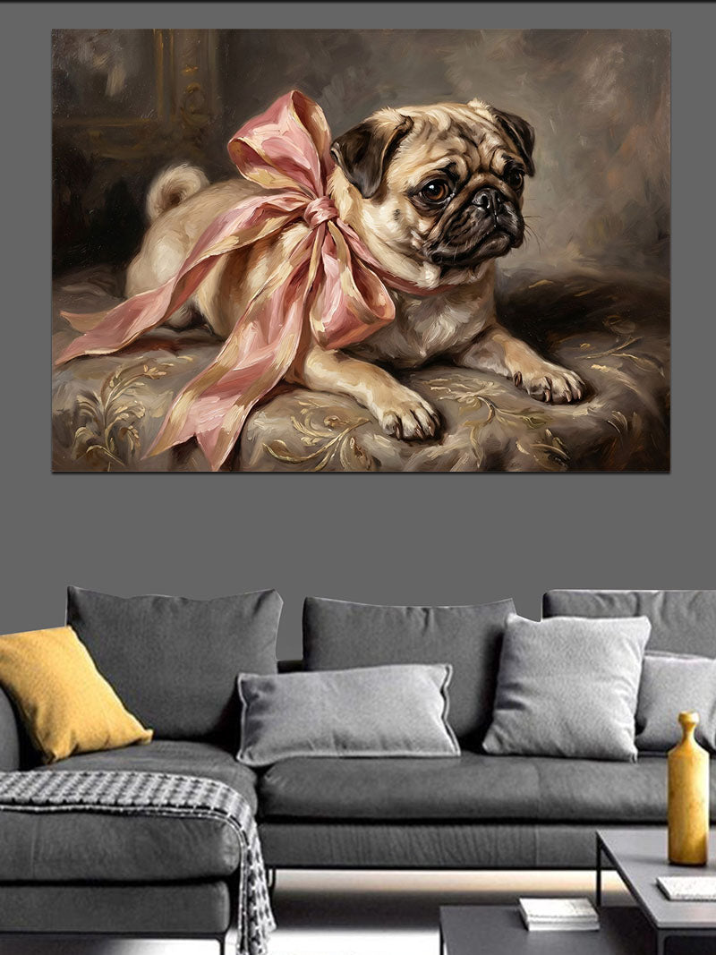 Pembe Kurdeleli Ve Masum Pug Kanvas Tablo