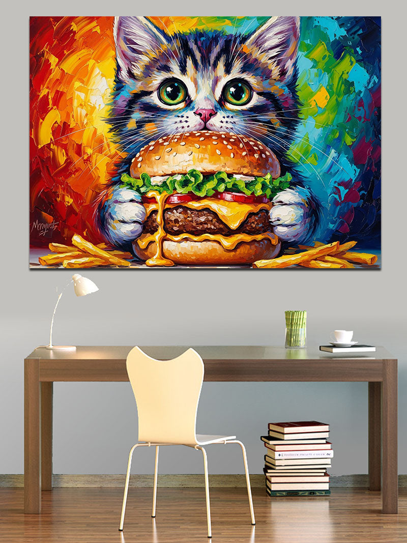 Hamburger Yiyen Sevimli Yavru Kedi Kanvas Tablo