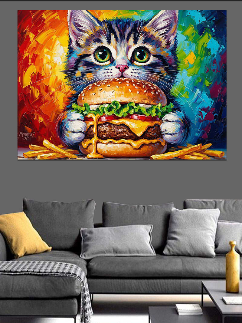 Hamburger Yiyen Sevimli Yavru Kedi Kanvas Tablo