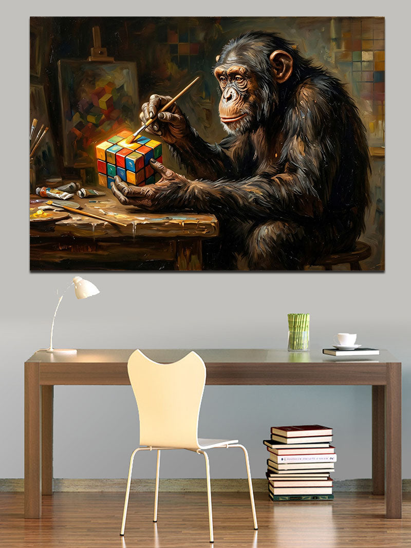 Küp Çözen Düşünceli Bilge Şempanze Kanvas Tablo
