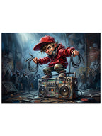 "Boombox" başında küçük neşeli figür.