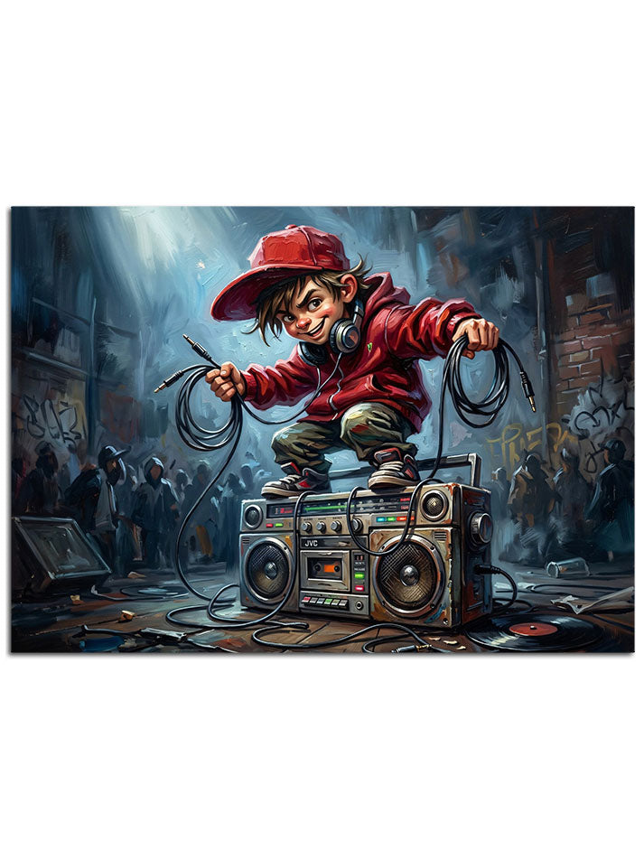 "Boombox" başında küçük neşeli figür.