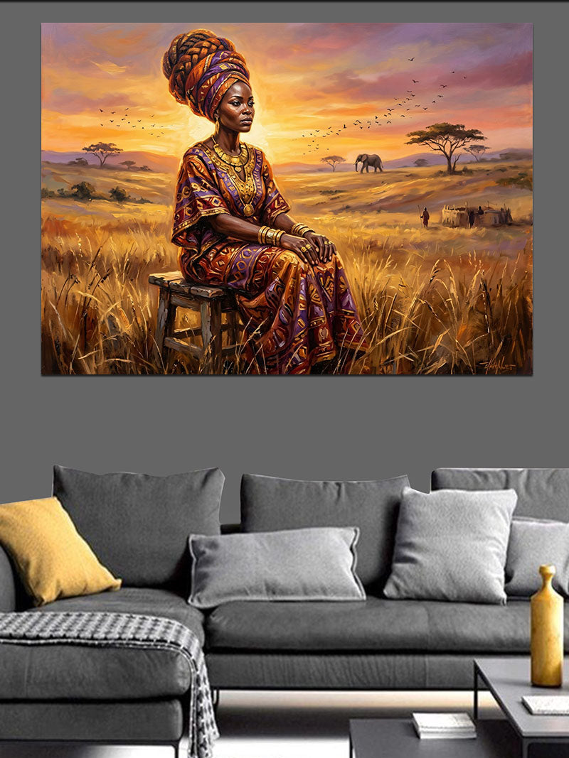 Afrika Savanlarında Oturan Etnik Kadın Kanvas Tablo