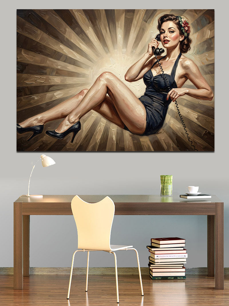Yıldız Fonlu Retro Pin-Up Kadın Kanvas Tablo
