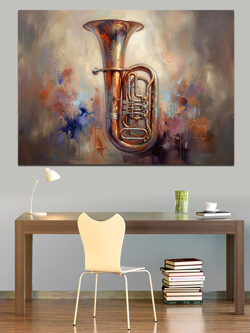 Renk Sıçramalı Sanatsal Tuba Enstrümanı Kanvas Tablo