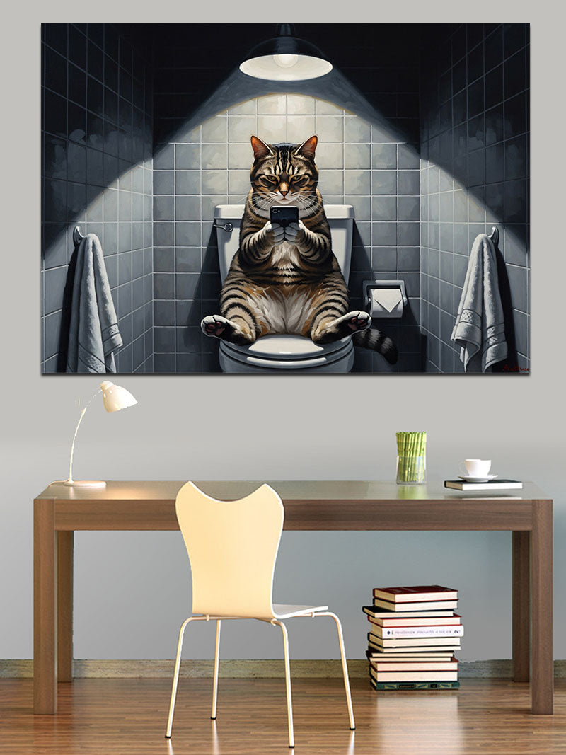 Klozet Üzerinde Kahve İçen Kedi Kanvas Tablo