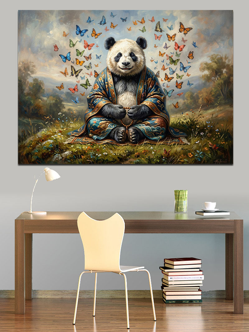 Kelebekler Arasında Meditasyon Yapan Panda Kanvas Tablo