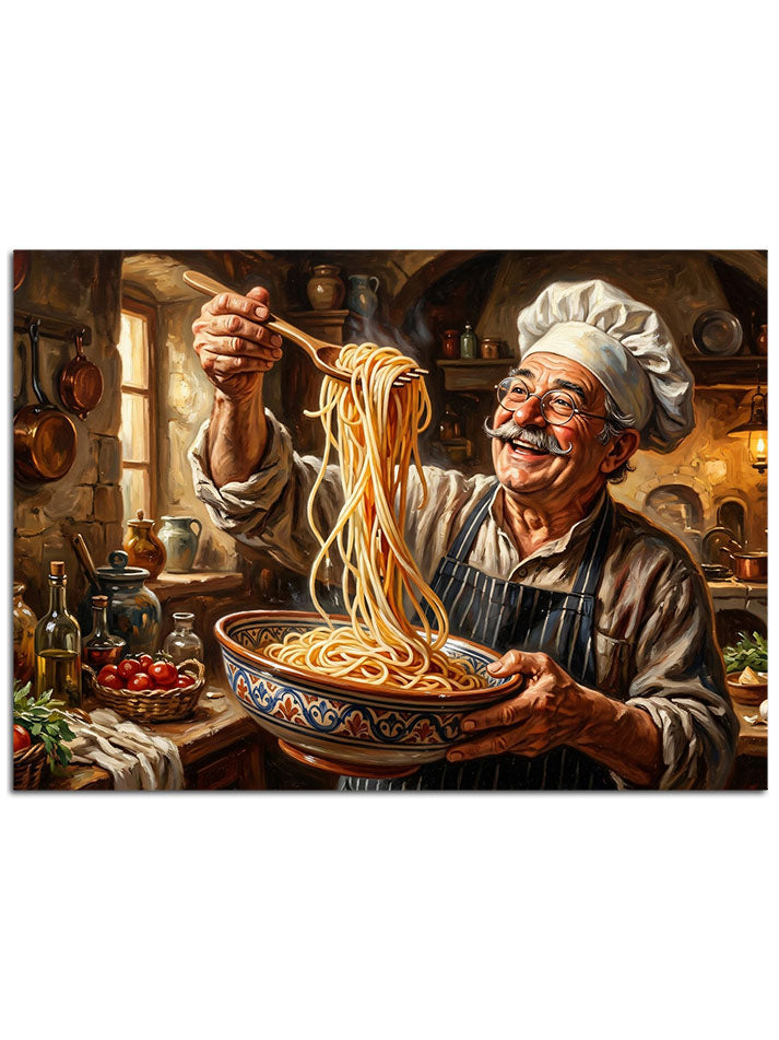 Çatalla makarna servis eden aşçı.