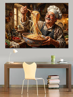 Spagetti Yiyen Neşeli Yaşlı Şef Kanvas Tablo