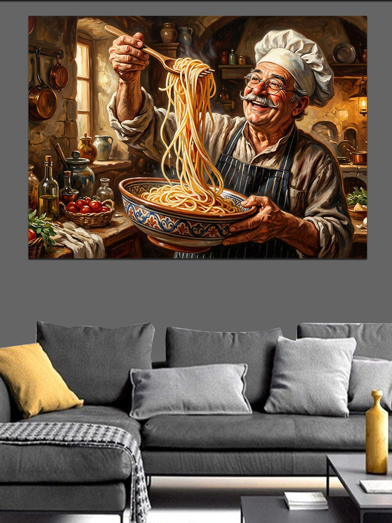 Spagetti Yiyen Neşeli Yaşlı Şef Kanvas Tablo