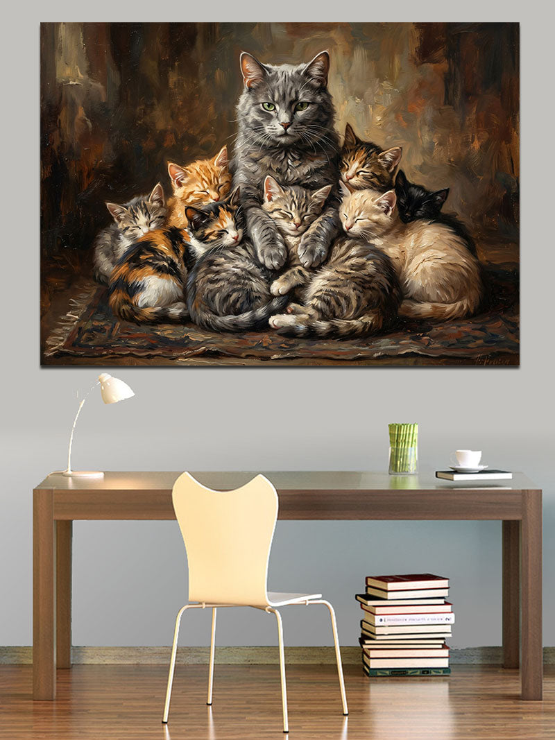Bir Arada Uyuyan Kedi Ailesi Kanvas Tablo
