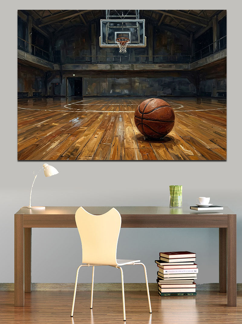 Basketbol Sahasında Duran Yalnız Top Kanvas Tablo