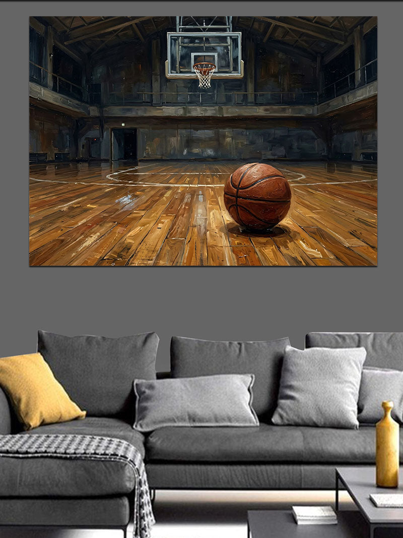 Basketbol Sahasında Duran Yalnız Top Kanvas Tablo