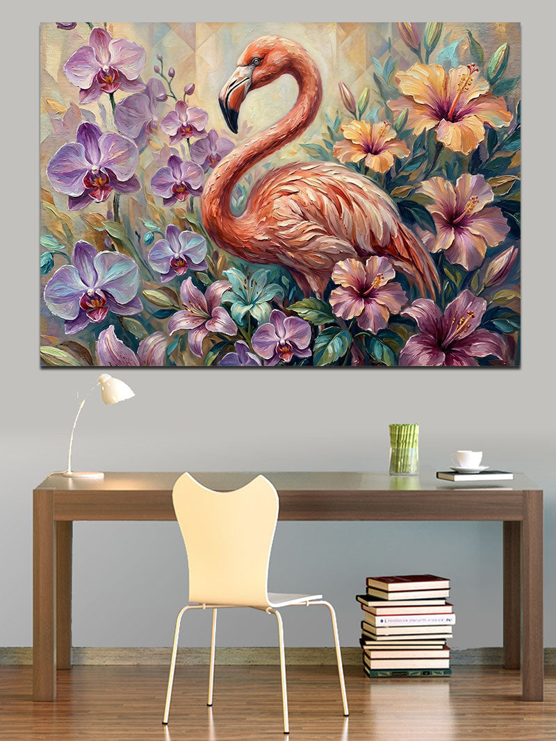 Çiçekler Arasında Zarif Pembe Flamingo Kanvas Tablo