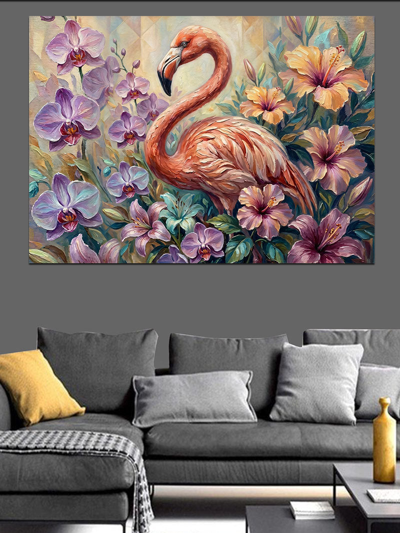 Çiçekler Arasında Zarif Pembe Flamingo Kanvas Tablo