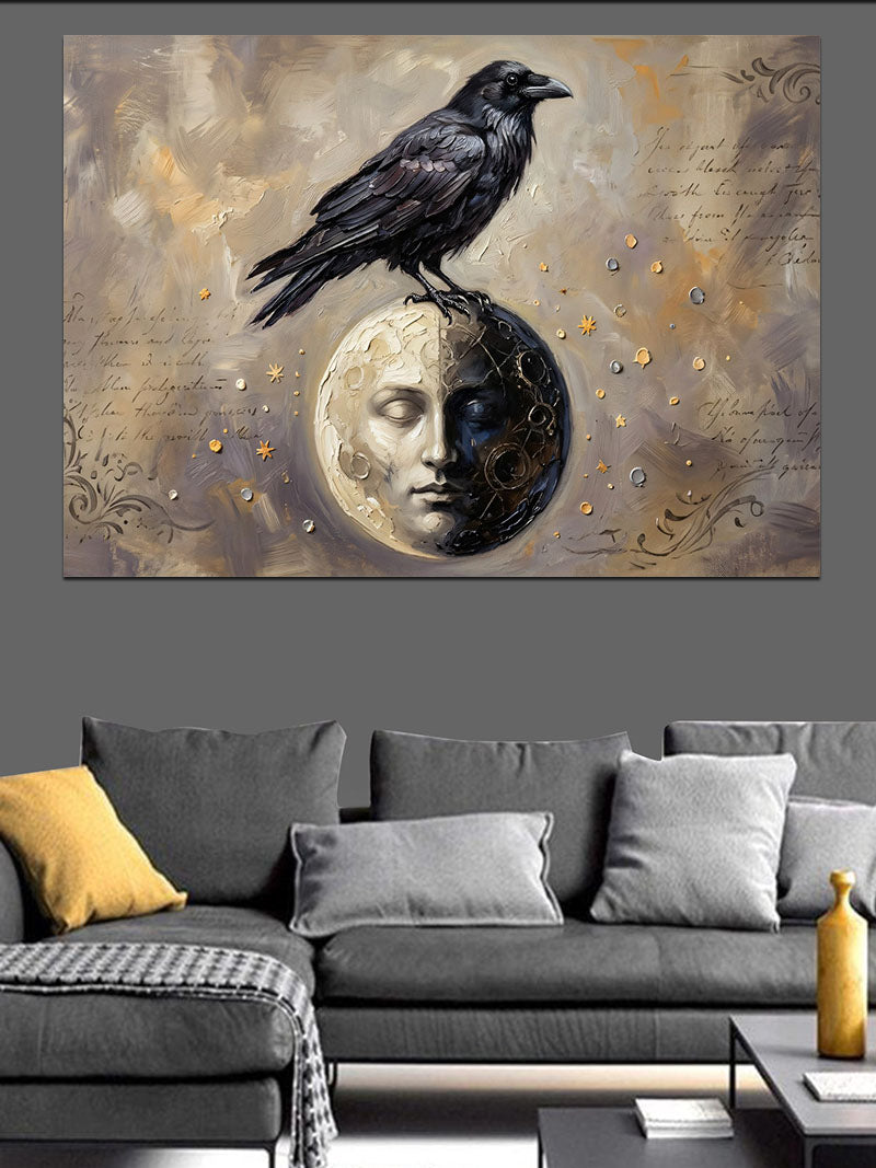 Ay Üzerinde Duran Siyah Kuzgun Kanvas Tablo