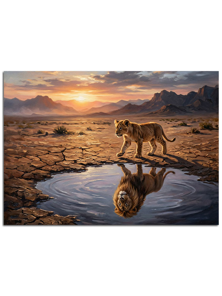 Yansımasıyla bütünleşen vahşi aslan karesi.