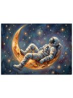 Ay'ın üzerinde uzanmış, yıldızları izleyen astronot.