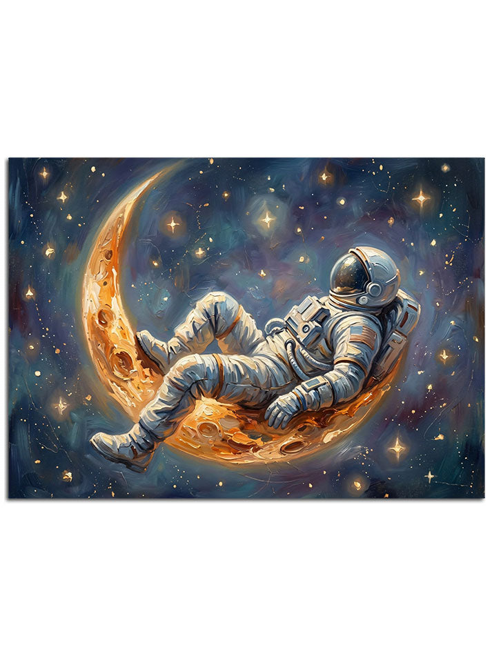 Ay'ın üzerinde uzanmış, yıldızları izleyen astronot.