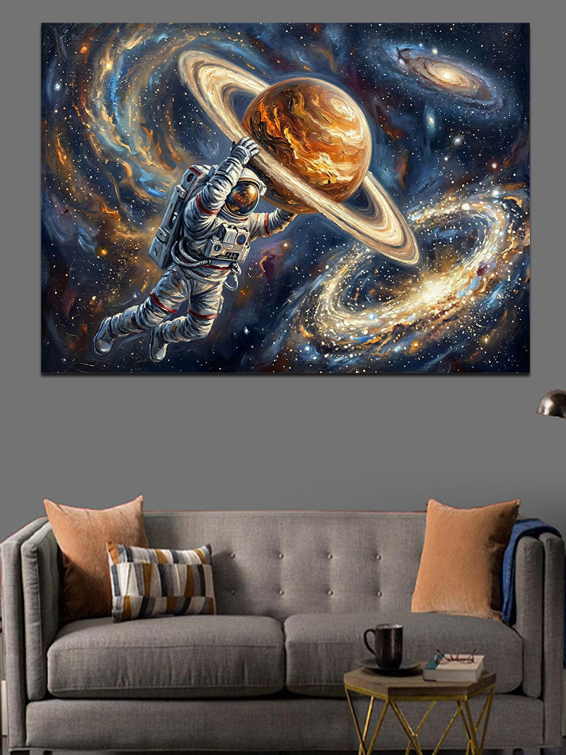 Satürn Ve Galaksiler Arasında Astronot Kanvas Tablo