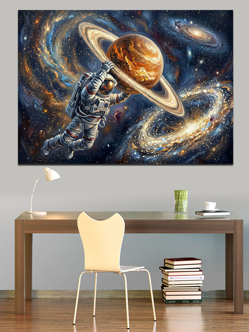 Satürn Ve Galaksiler Arasında Astronot Kanvas Tablo