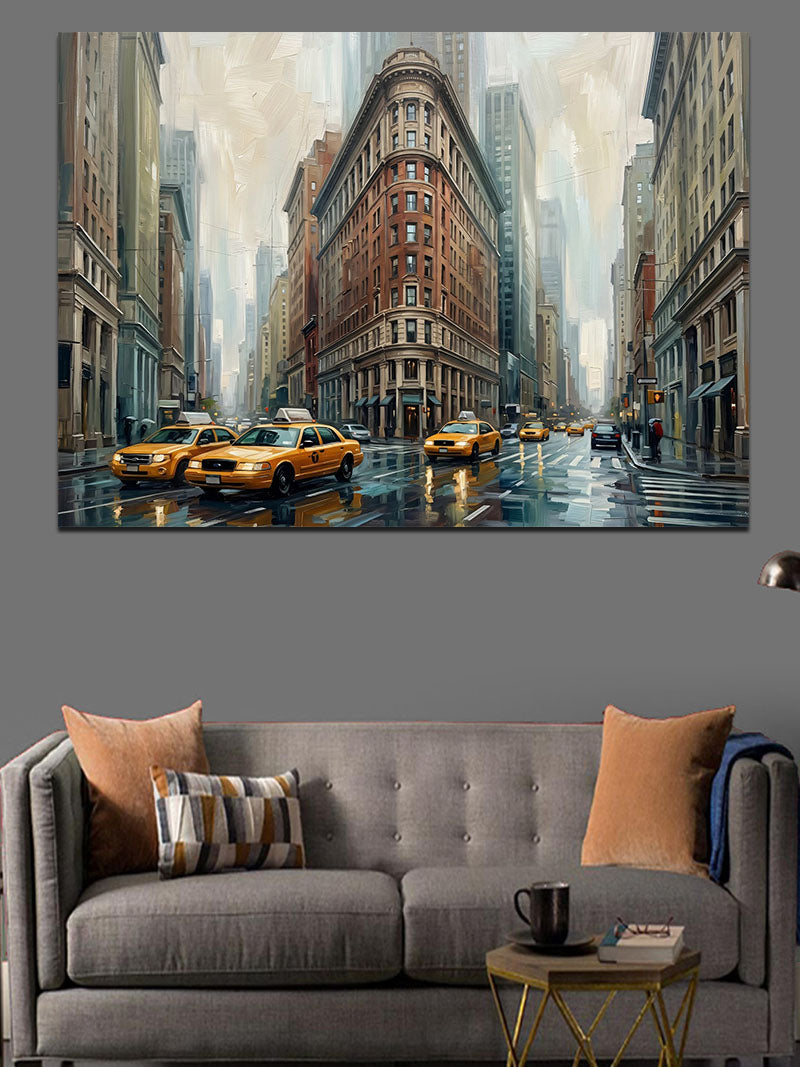 New York Flatiron Binası Ve Taksi Kanvas Tablo