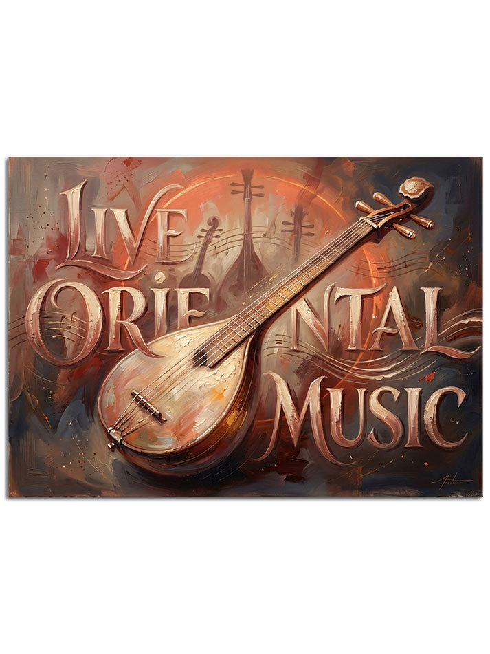 "Live Oriental Music" yazılı, telli bir çalgı görseli.