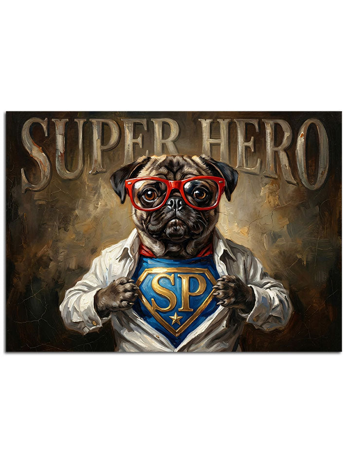 Pelerini ve gözlüğüyle süper kahraman olan pug.