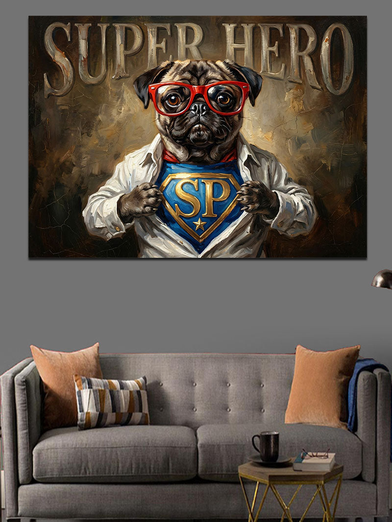 Süper Kahraman Kıyafetli Pug Köpeği Kanvas Tablo
