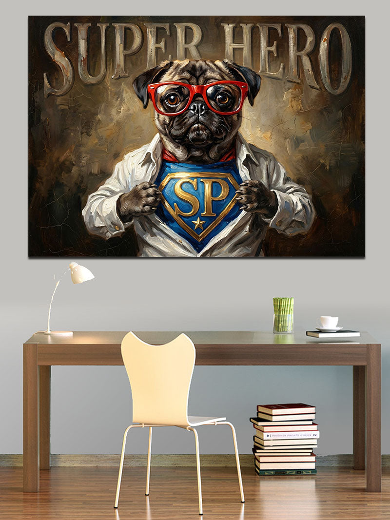 Süper Kahraman Kıyafetli Pug Köpeği Kanvas Tablo