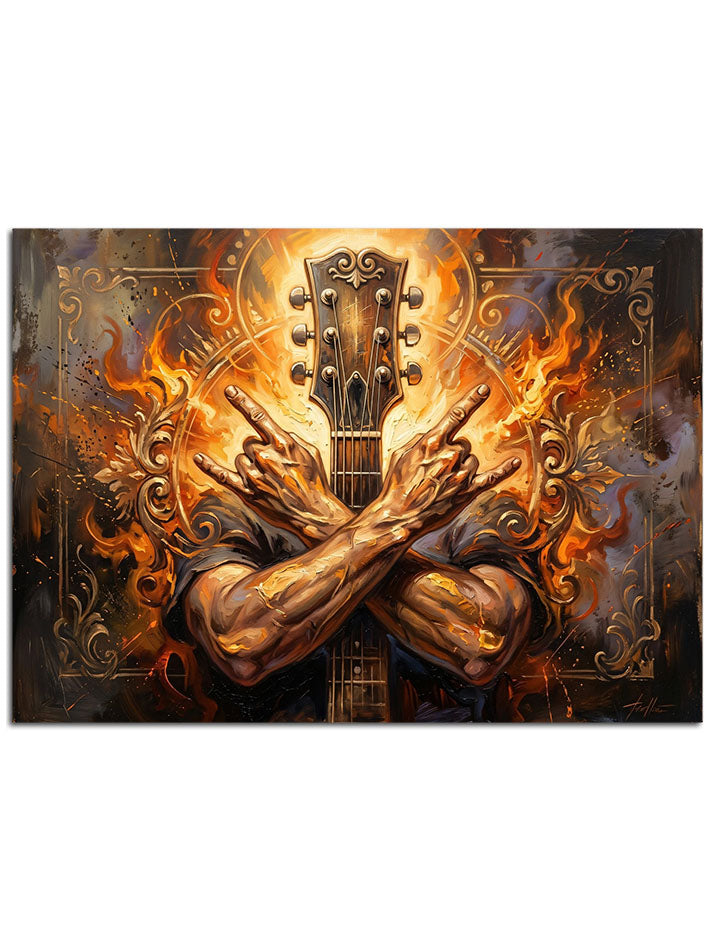 Rock müziğin ateşini simgeleyen yanan eller ve gitar.