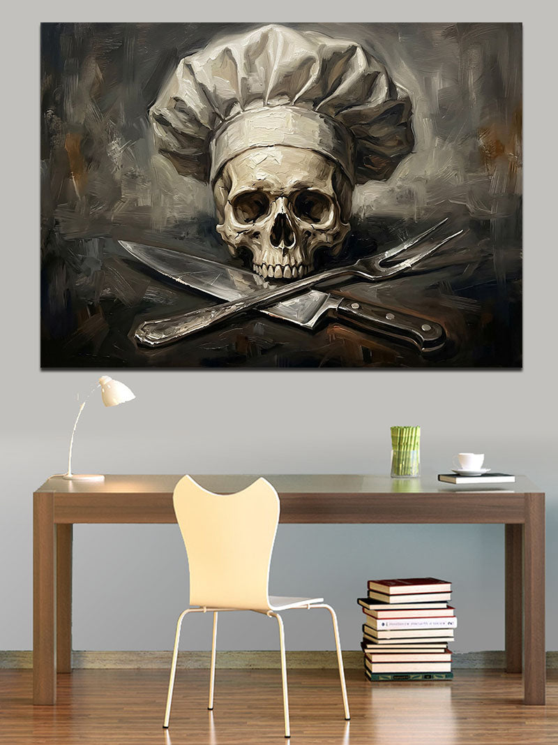 Aşçı Şapkalı Kurukafa Ve Bıçaklar Kanvas Tablo
