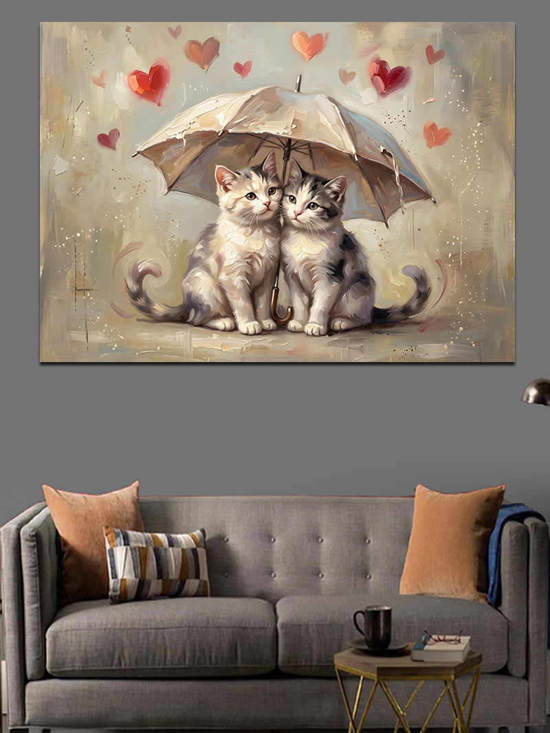 Şemsiye Altında İki Aşık Kedi Kanvas Tablo