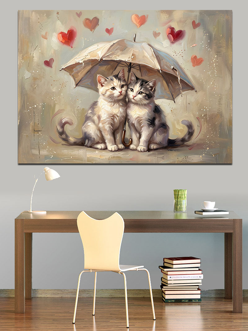 Şemsiye Altında İki Aşık Kedi Kanvas Tablo