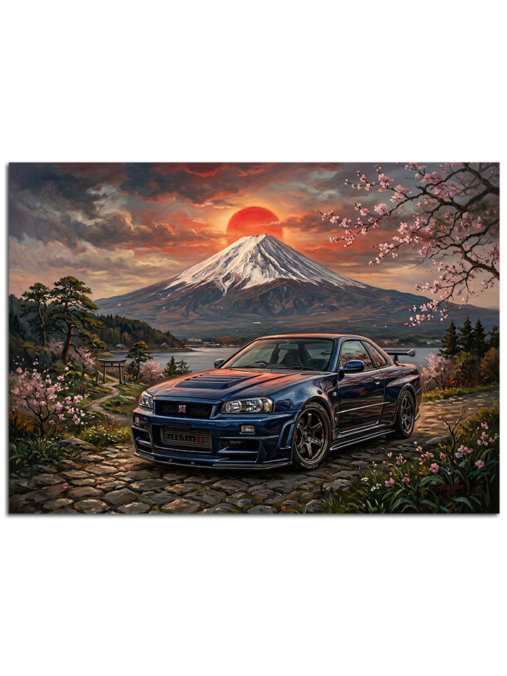 Japonya'nın simgesi Fuji önünde duran siyah araba.