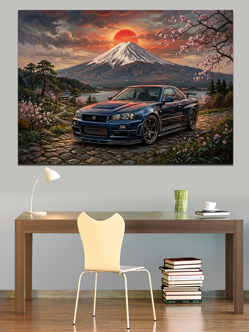 Fuji Dağı Ve Modern Spor Araba Kanvas Tablo