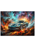 Ateş ve dumanlar arasından çıkan hızlı araba.