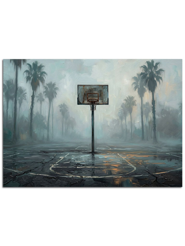 Issız ve gizemli bir açık hava basketbol sahası.