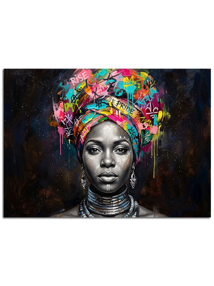 Başı rengarenk çiçeklerle bezeli, asil bakışlı Afrikalı kadın portresi.