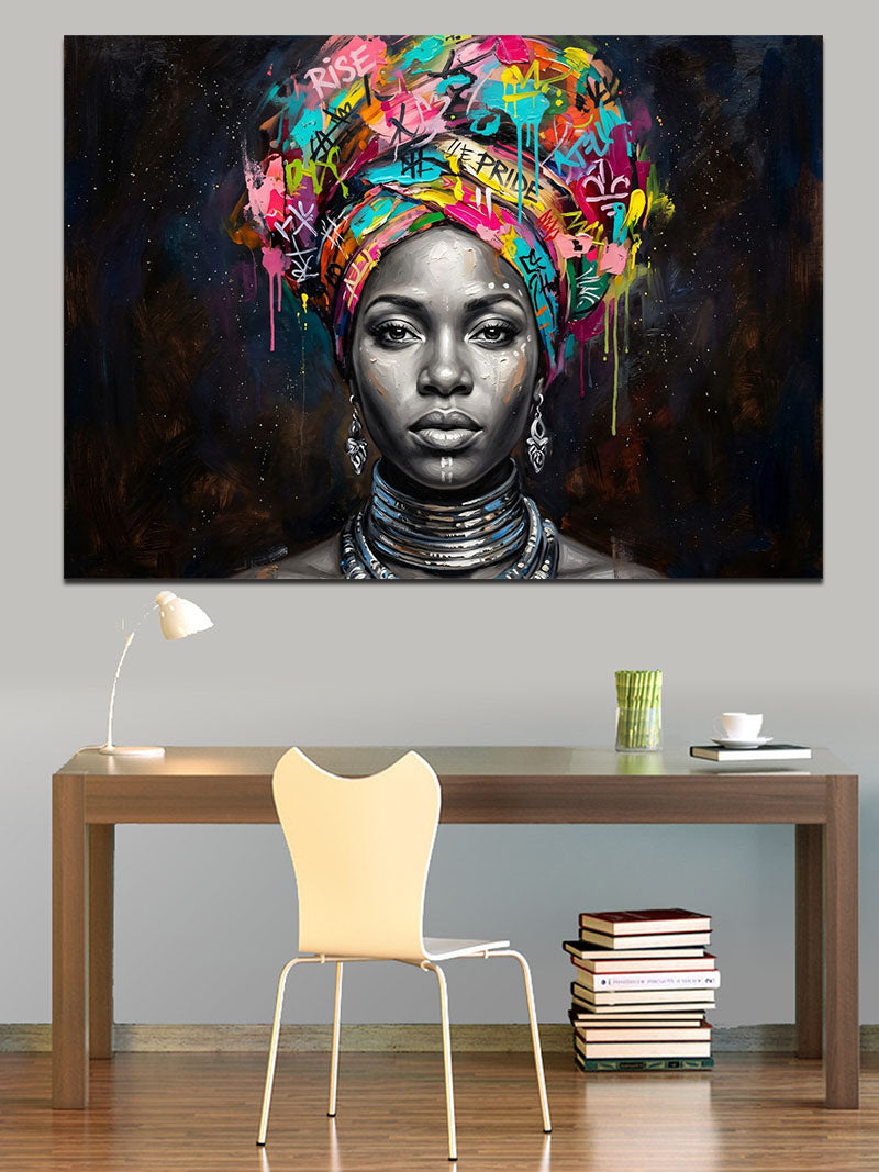 Renkli Çiçekli Başlıklı Afrikalı Kadın Kanvas Tablo