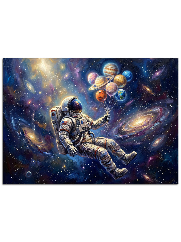 Elinde renkli balonlar tutan, galakside süzülen astronot.