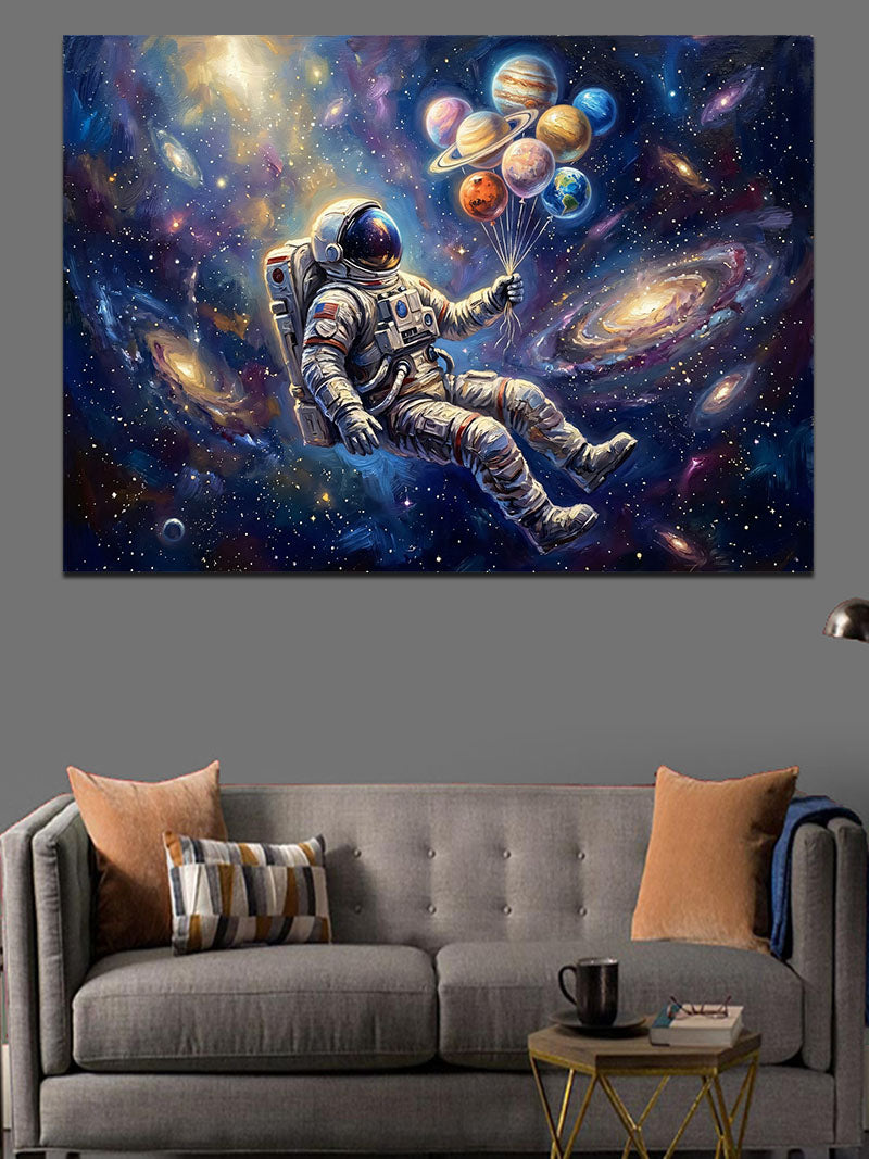 Balonlarla Uzayda Uçan Astronot Figürü Kanvas Tablo