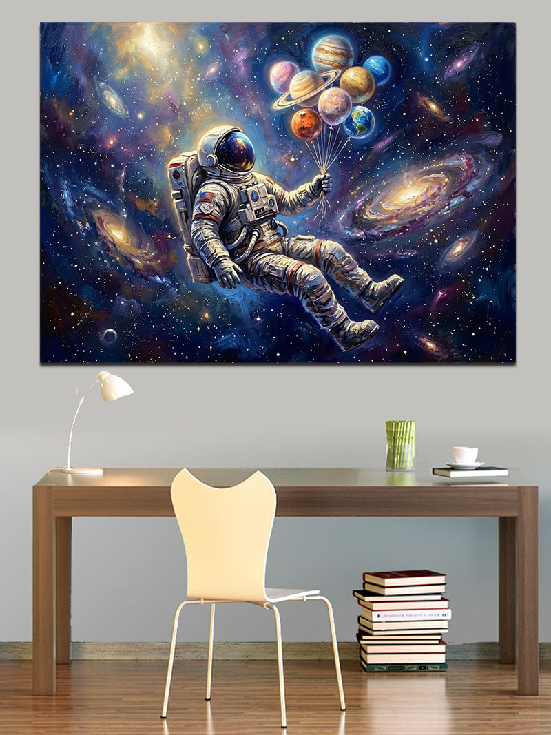Balonlarla Uzayda Uçan Astronot Figürü Kanvas Tablo