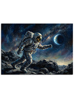 Karanlık gökyüzü ve uzaktaki dünya manzaralı astronot.