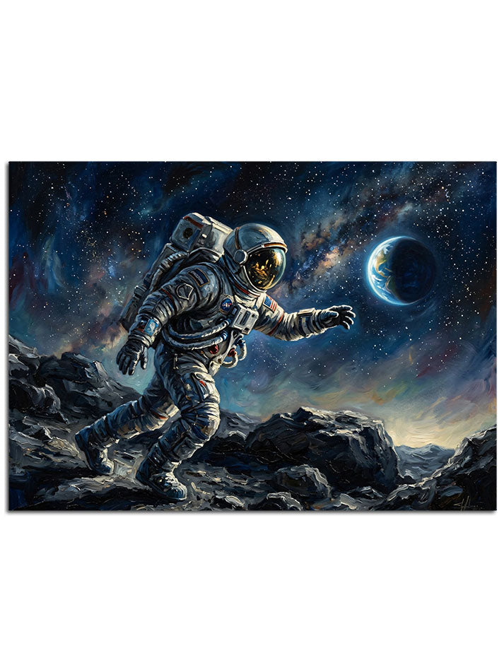 Karanlık gökyüzü ve uzaktaki dünya manzaralı astronot.